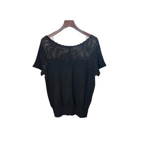 Covington Womens XL Black Short Sleeve Sweater Open Knit Mesh Yoke Cotton Blend